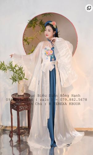 Áo Tứ Thân Thiết kế - Trắng Yếm Xanh Trắng Họa Tiết Hoa Sen