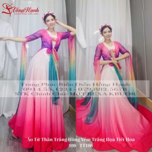 Áo Tứ Thân Trắng Hồng Yếm Trắng  Họa Tiết Hoa 108 - TT108