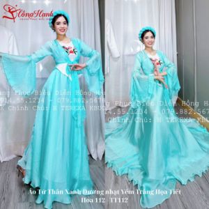 Áo Tứ Thân Xanh Dương nhạt Yếm Trắng Họa Tiết Hoa 112 - TT112