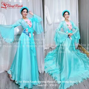 Áo Tứ Thân Xanh Dương Pastel Yếm Hồng Họa Tiết Hoa 113 - TT113