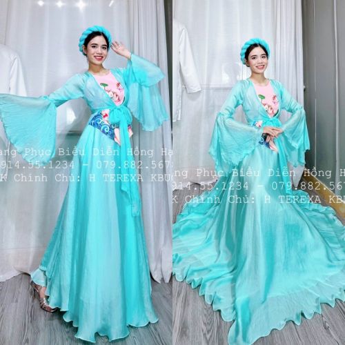 Áo Tứ Thân Xanh Dương Pastel Yếm Hồng Họa Tiết Hoa 113