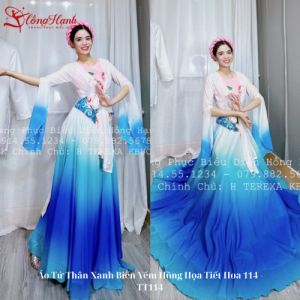 Áo Tứ Thân Xanh Biển Yếm Hồng Họa Tiết Hoa 114 - TT114