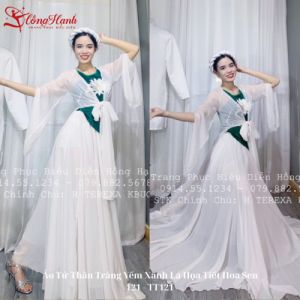 Áo Tứ Thân Trắng Yếm Xanh Lá Họa Tiết Hoa Sen 121 - TT121