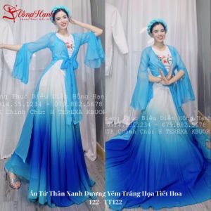 Áo Tứ Thân Xanh Dương Yếm Trắng Họa Tiết Hoa 122 - TT122