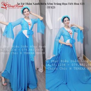 Áo Tứ Thân Xanh Biển Yếm Trắng Họa Tiết Hoa 123 - TT123