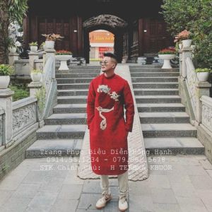 Áo Dài Nam Cách Tân Màu Đỏ Gấm Thêu Trăng Rồng - ADN197
