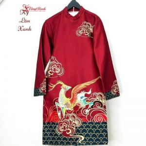 Áo Dài Cách Tân Nam Màu Đỏ Thêu Kỳ Lân Xanh - ADN250