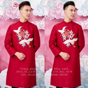 Áo Dài Cách Tân Nam Màu Đỏ Họa Tiết Chim Hạc Hoa ADN 260