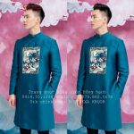 Áo Dài Cách Tân Nam Màu Xanh Cổ Vịt Họa Tiết Chim Hạc - ADN259