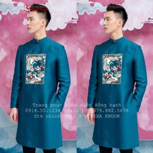 Áo Dài Cách Tân Nam Màu Xanh Cổ Vịt Họa Tiết Chim Hạc - ADN259