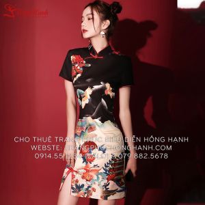Sườn Xám Cách Tân Ngắn Màu Đen Phong Cách Trung Hoa