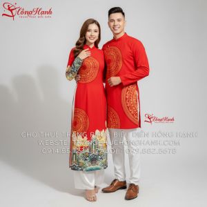 Áo dài Nam Nữ màu đỏ họa tiết trống đồng
