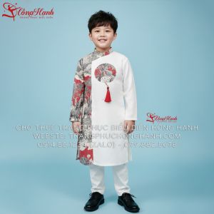 Cho Thuê Áo Dài Bé Trai Màu trắnghọa tiết